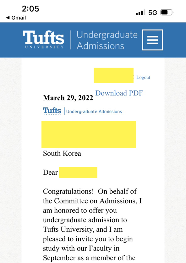 Tufts University: Admitted Class of 2026